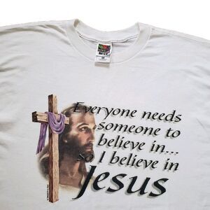 Vintage 90s I Believe In Jesus Sz 2XL Mens White Christian T-Shirt Cross Christ
